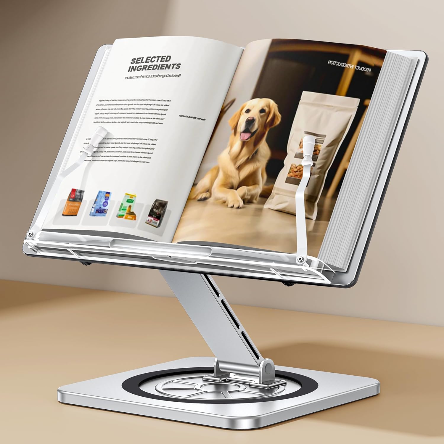 Aluminium Exterior Book Stand for Reading, Book Holder with 360° Swivel Base & Elastic Page Clips, Adjustable Cookbook Stand for Kitchen Counter, Recipe/Textbook/Music Scores Stand