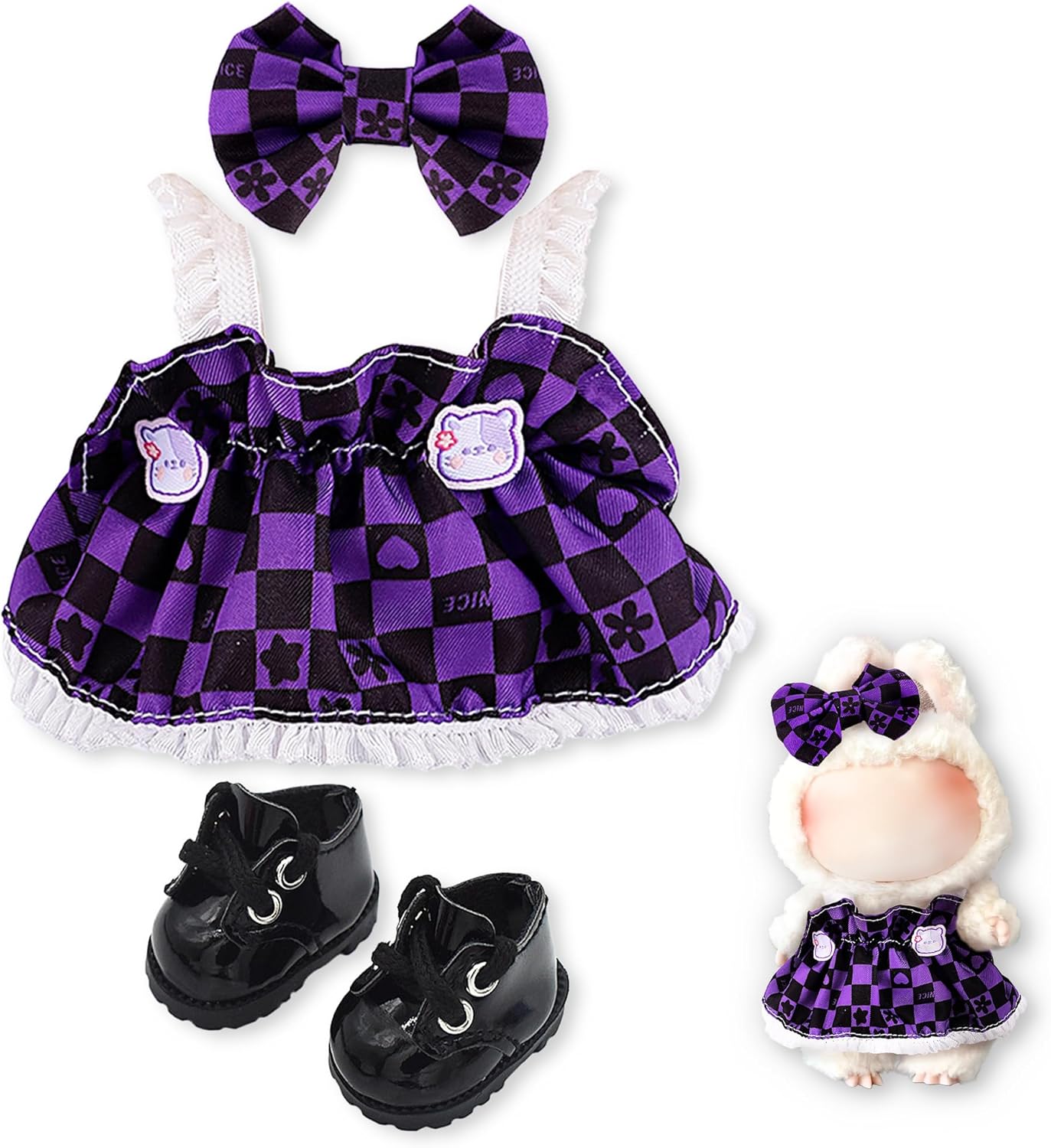 Handmade Clothes for 17cm labubu，Suitable for 17cm LABUBU Accessories, Cute Clothing, Cute Clothes for Dress up Unique Style- Purple Skirt + Black Shoes + Purple Bow (Without Doll)