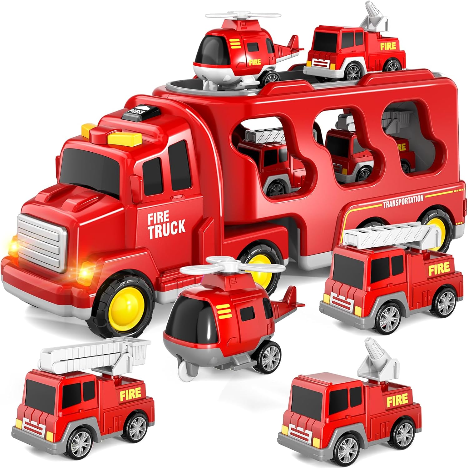 BLmukce Todder Truck Toys, 5 in 1 Fire Engine Trucks for Toddlers 1 2 3 Boys & Girls, Friction Power Car Carrier Transport Vehicle for Kids 4 5 6 Years Old with Light & Sound, Kids Birthday Gifts