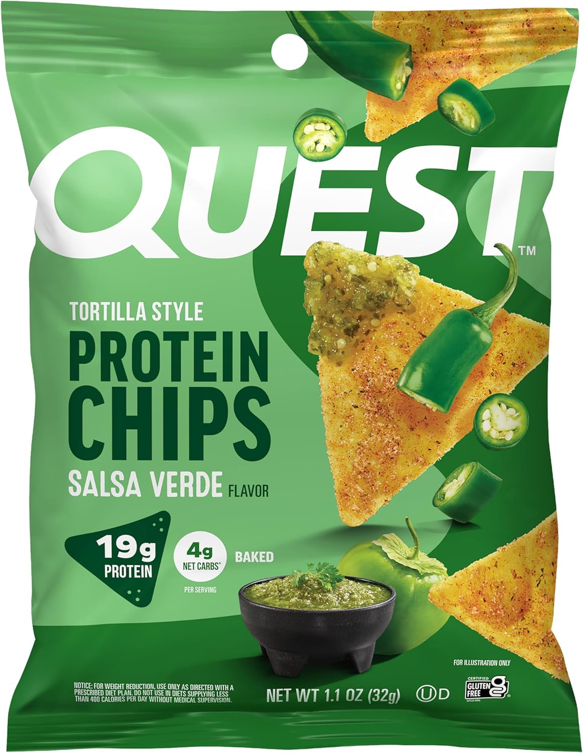 Quest Nutrition Tortilla Style Protein Chips, Salsa Verde, 19g of Protein, 4g Net Carbs, Gluten Free, 1.1 Ounce (Pack of 12)