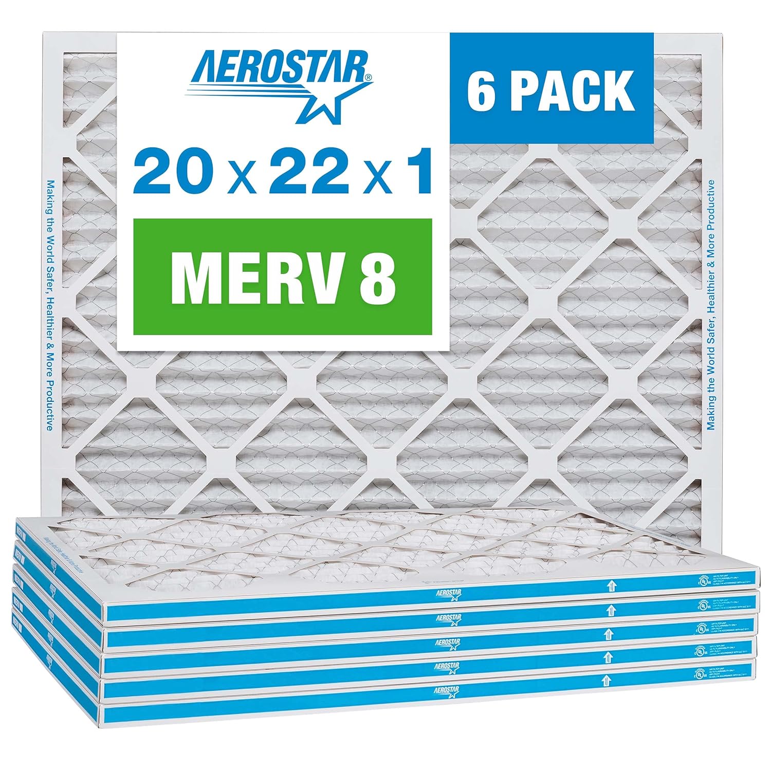 Aerostar 20x22x1 MERV 8 - 6 Count - High Efficiency Pleated HVAC, Furnace & Air Conditioner Filters - Removes Dust, Lint, Mold & Allergy-Causing Pollen