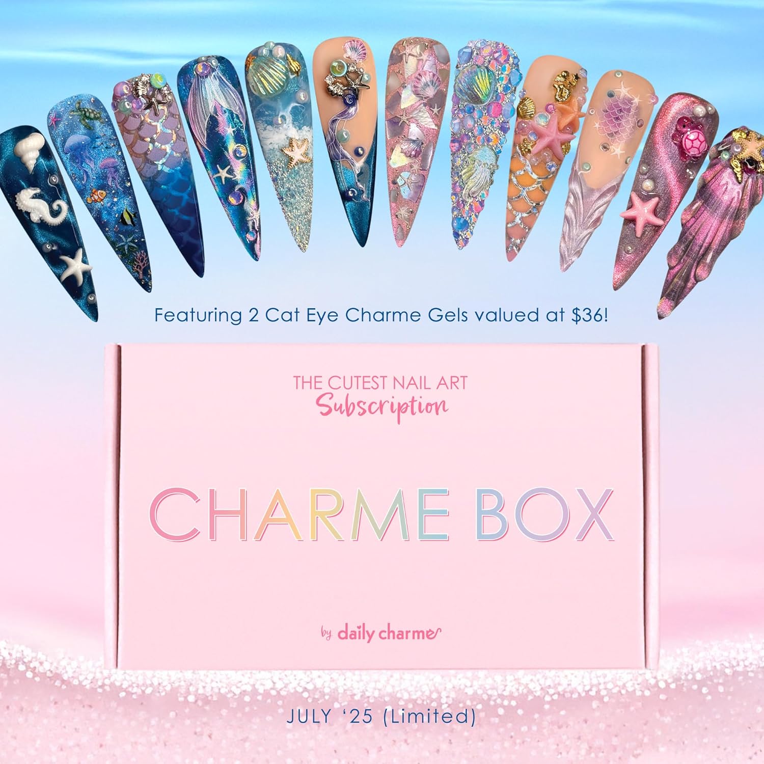 Daily Charme Summer Themed Nail Art Mystery Box with 2 Full-Sized Gel Nail Polish - Surprise Nail Art Mystery Box Women Love as Self Care Gift for Every Occasion