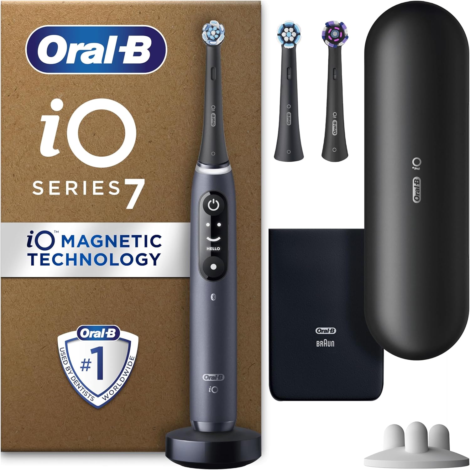 Oral-B iO7 Electric Toothbrushes For Adults, App Connected Handle, 3 Toothbrush Heads, Travel Case & Toothbrush Head Holder, 5 Modes with Teeth Whitening, Black