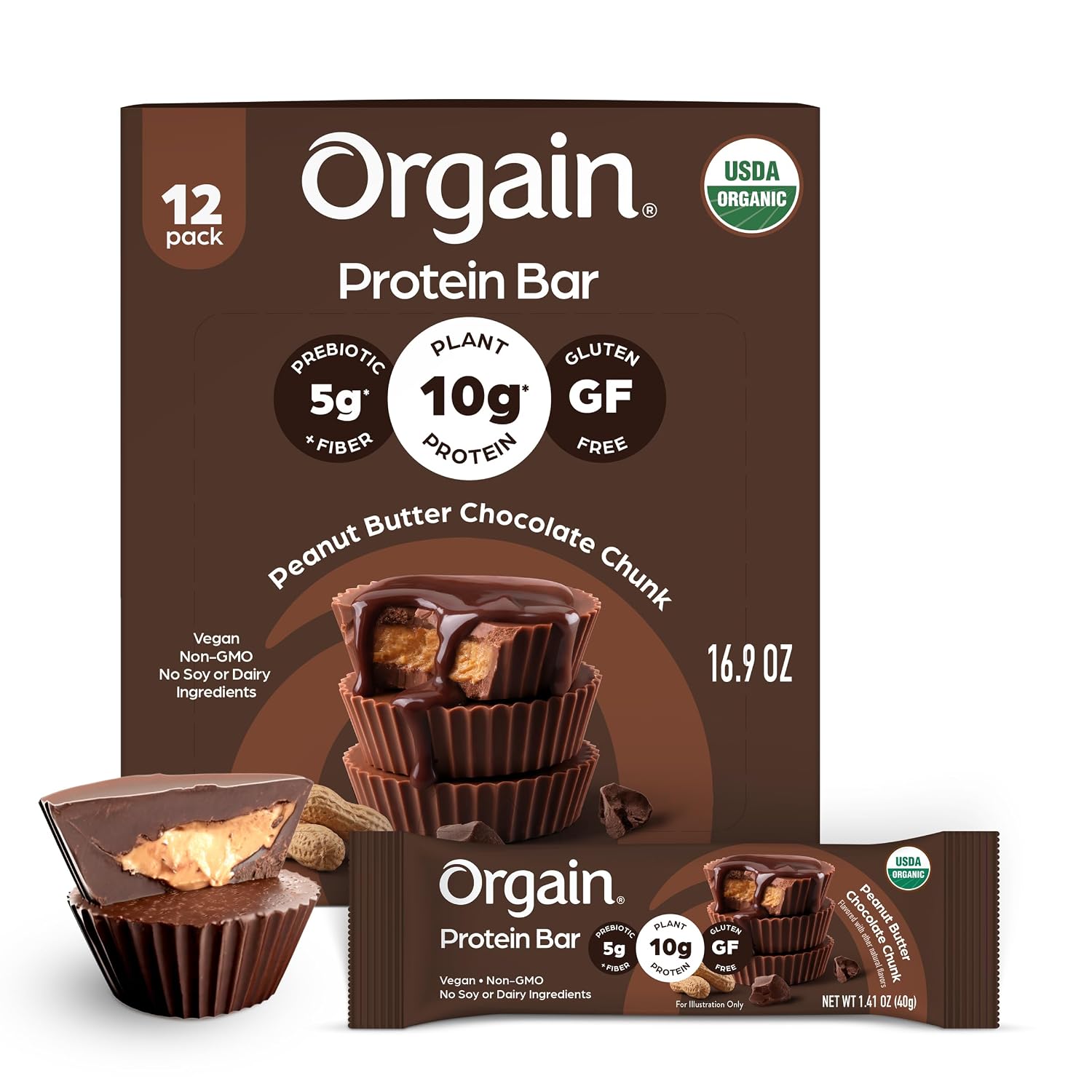 Orgain Organic Vegan 10g Protein Bars, Peanut Butter Chocolate Chunk, 12 Pk