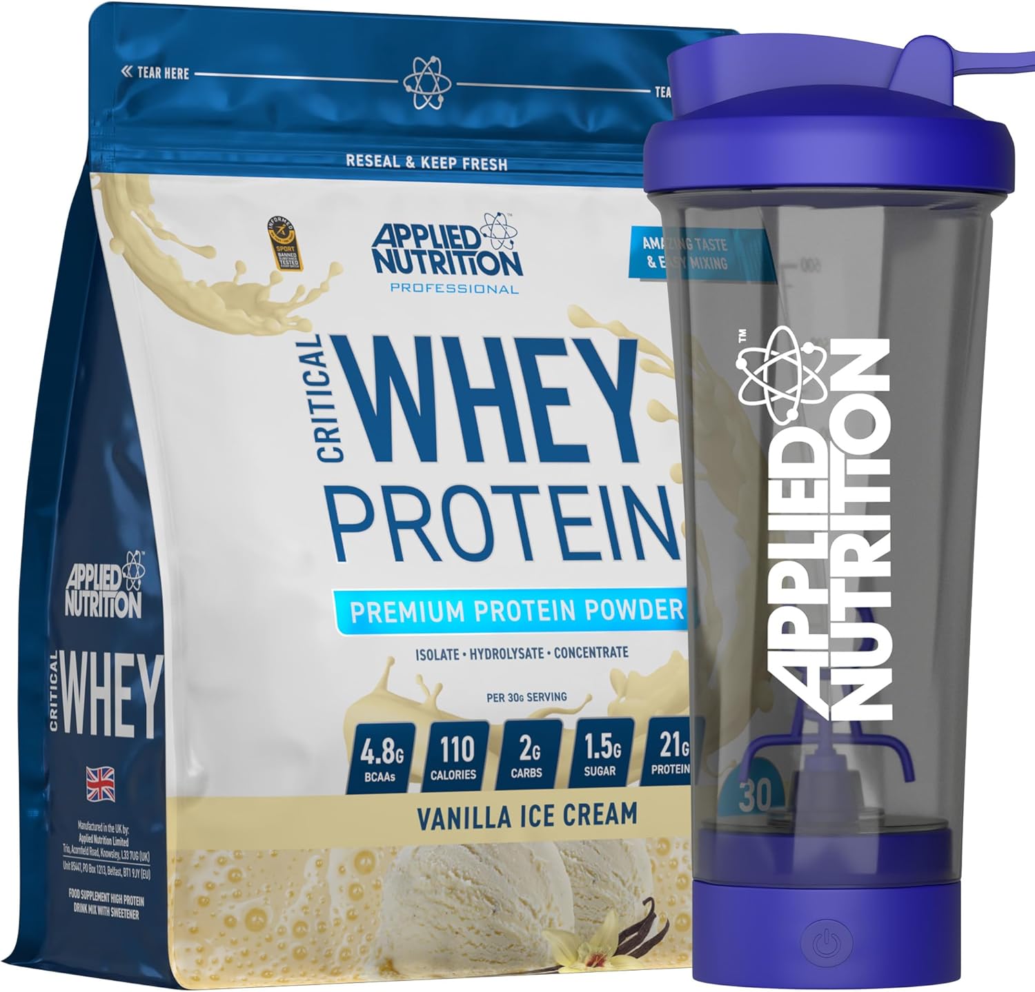 Applied Nutrition Critical Whey Protein Powder 900g + Tornado Electric Shaker - High Protein Powder,Protein Milkshake Muscle Building Supplement with BCAAs & Glutamine (900g - 15 Servings)(Vanilla)