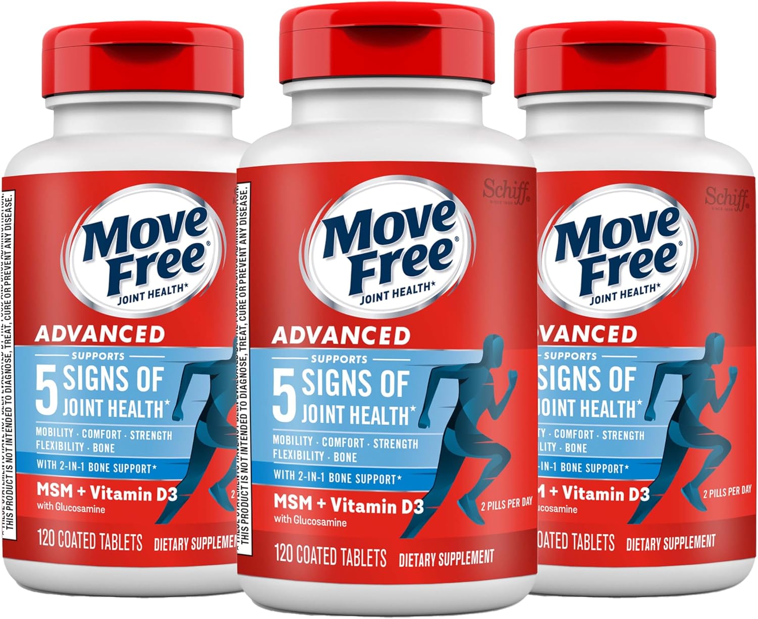 Move Free Advanced Glucosamine Chondroitin MSM + Vitamin D3 Joint Support Supplement, Supports Mobility Comfort Strength Flexibility & Bone + Immune Health - Tablet, 3x120ct Bottles (120 servings)*