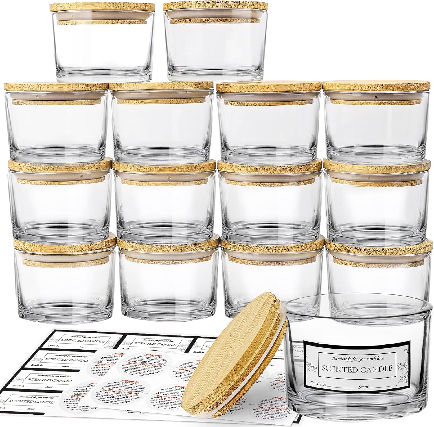 CONNOO 15 Pack 4oz Clear Glass Candle Jars with Airtight Bamboo Lids