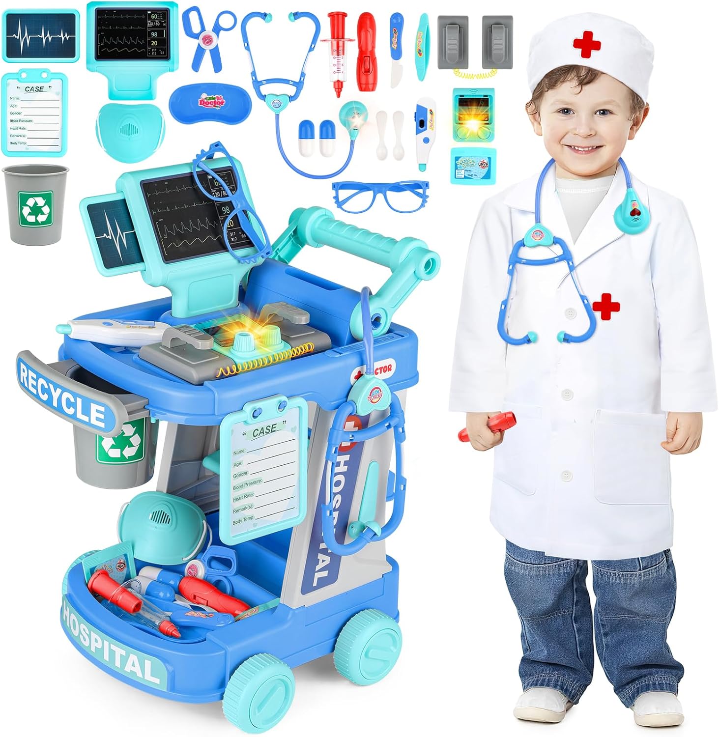deAO Kids Doctor Playset with Medical Trolley, Pretend Play Doctor Nurse Costume Set, Role Play Medical Kit with Stethoscope, Syringe & Bandages, Hospital Play Center for Kids (Blue)