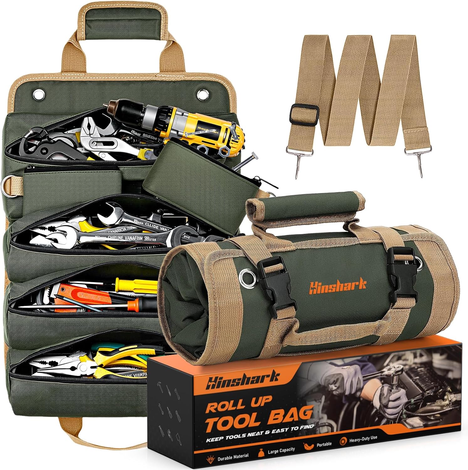 Hinshark Gifts for Men Him, Heavy Duty Roll Up Tool Bag, Gadgets for Men