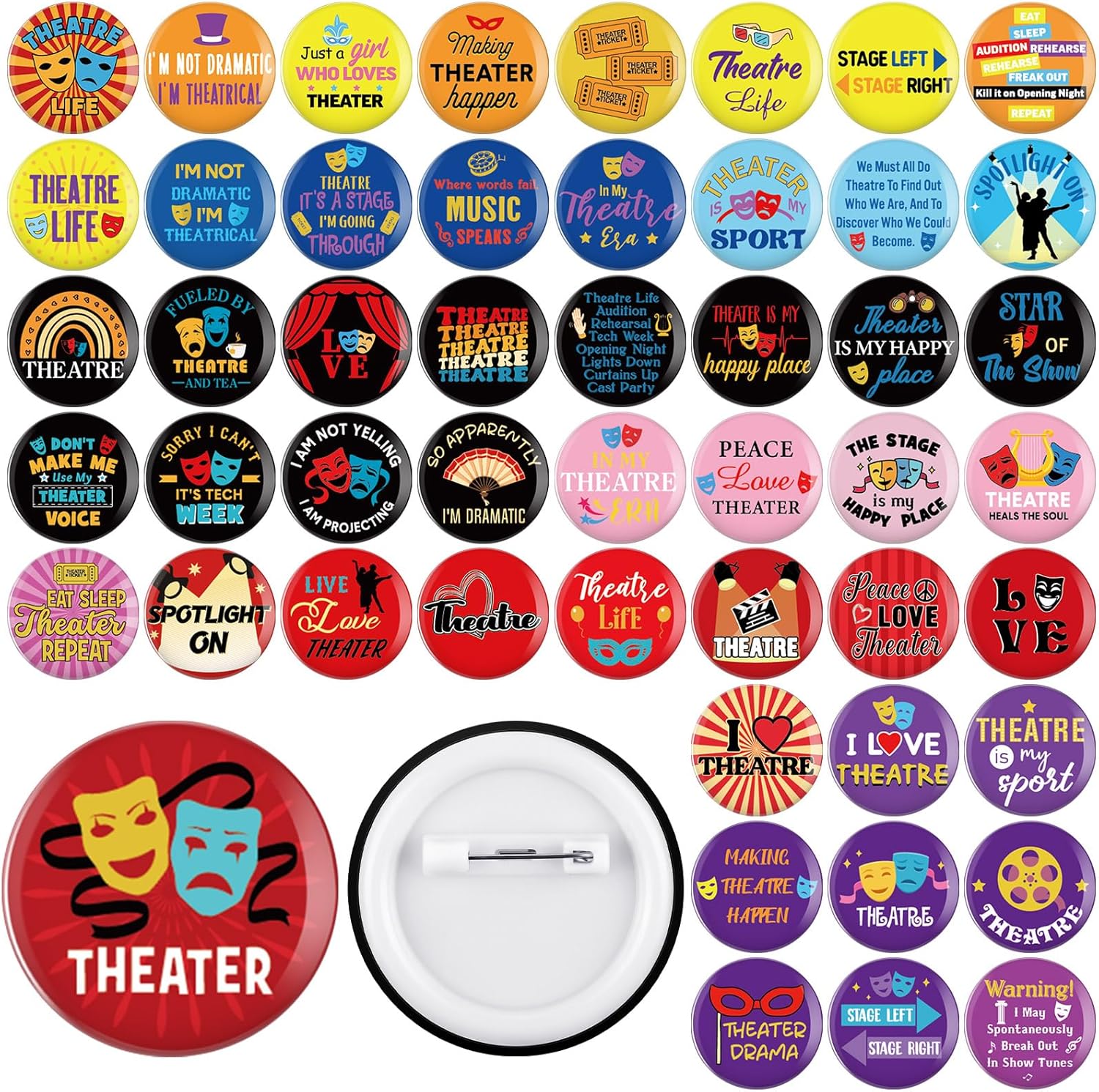 Landical 50 Pcs Theater Button Pins Bulk Musical Theater Badges Broadway Pins Comedy Tragedy Mask Drama Actor Gifts