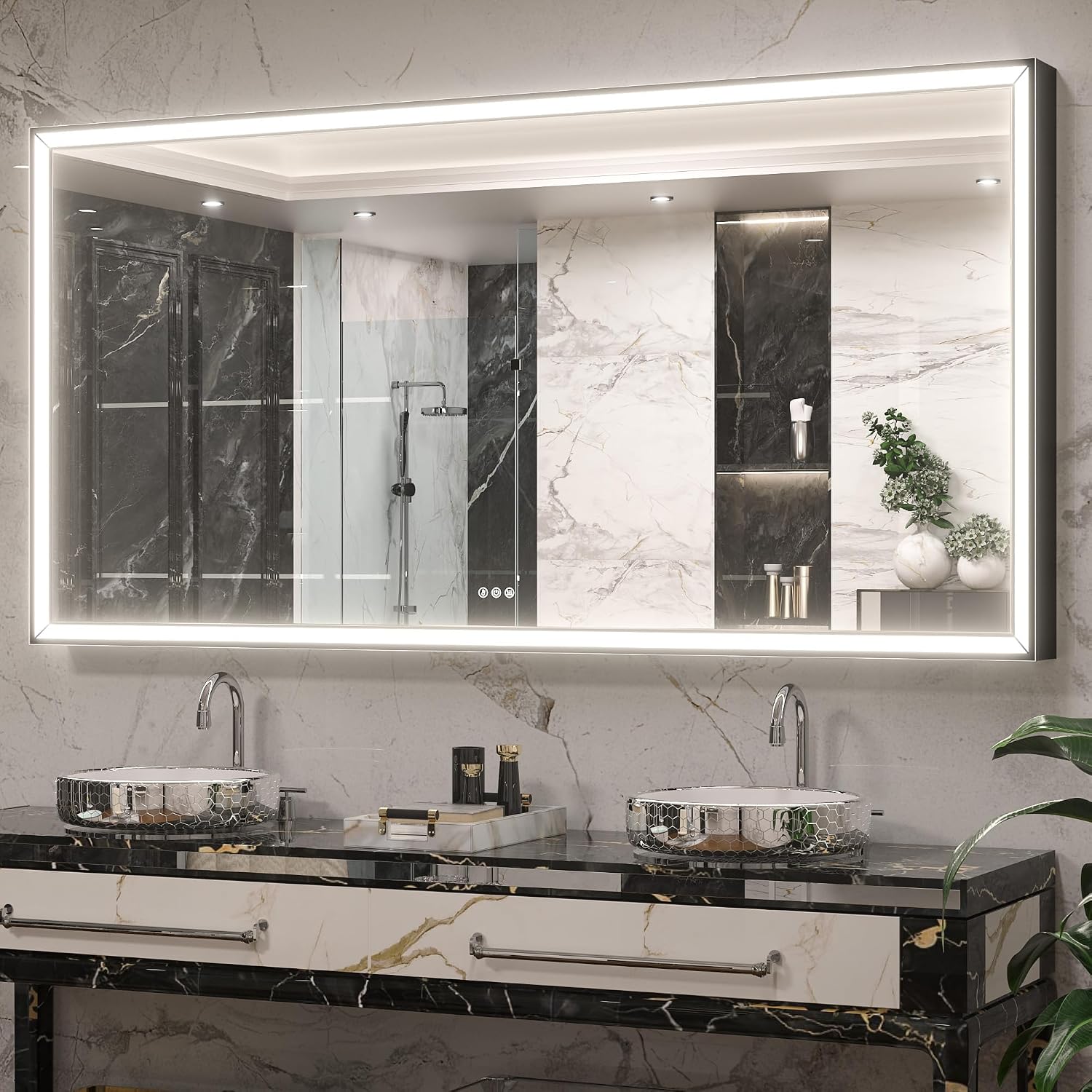 Keonjinn Black LED Bathroom Mirror 72” x 36” with Frontlit, 3X Ultra Brightness, 45° Angled Light, Large Metal Framed Black Wall Mirror, UL Listed LED Driver, 3 Colors, Anti-Fog Lighted Vanity Mirror