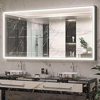 Keonjinn Black LED Bathroom Mirror 72” x 36” with Frontlit, 3X Ultra Brightness, 45° Angled Light, Large Metal Framed Black Wall Mirror, UL Listed LED Driver, 3 Colors, Anti-Fog Lighted Vanity Mirror