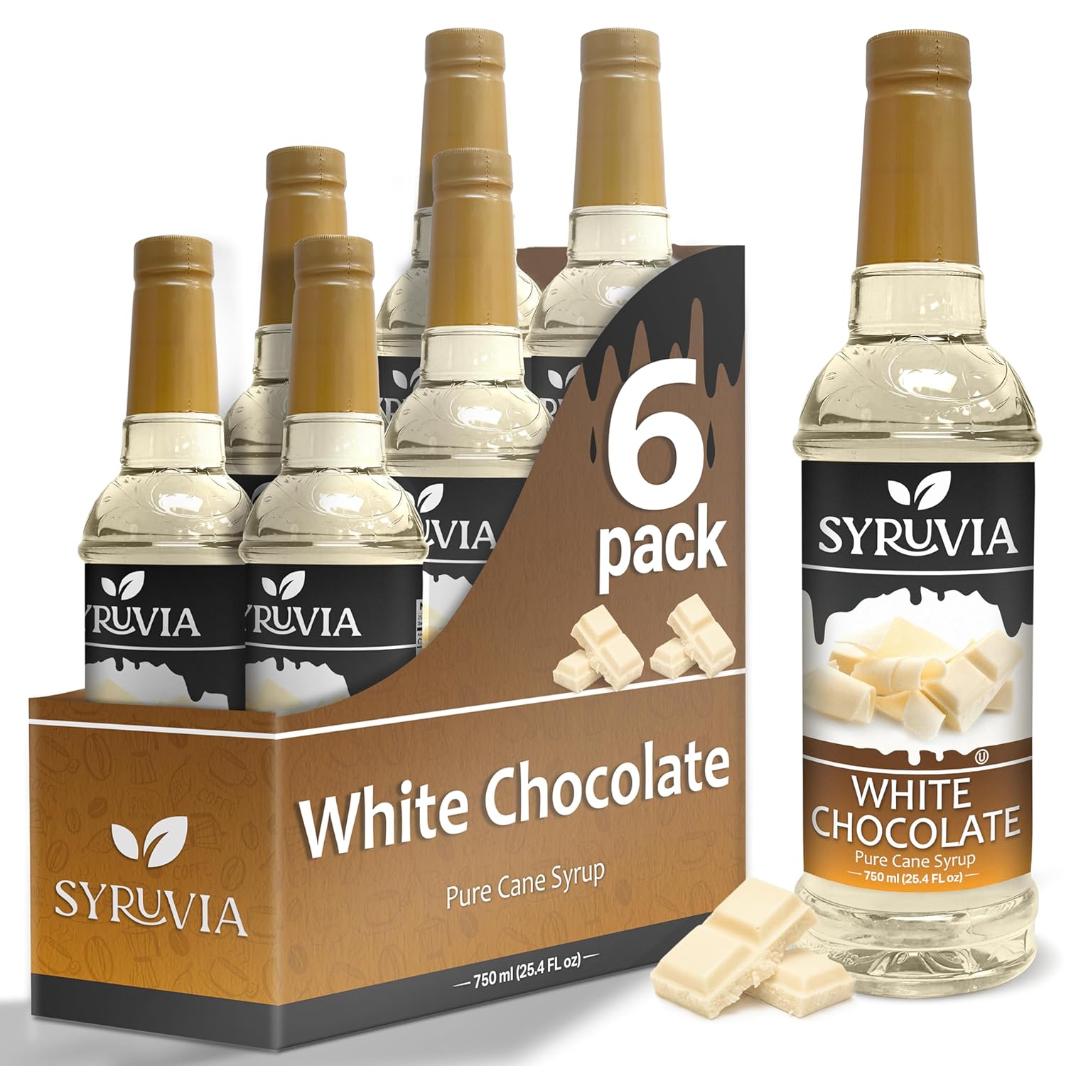 White Chocolate Syrup by Syruvia 6-Pack, 25.4 fl oz, Wholesale Coffee Syrup Shops, Cafes, Baristas, Bistros, & Beverage Bars, Bulk Kosher & Gluten-Free