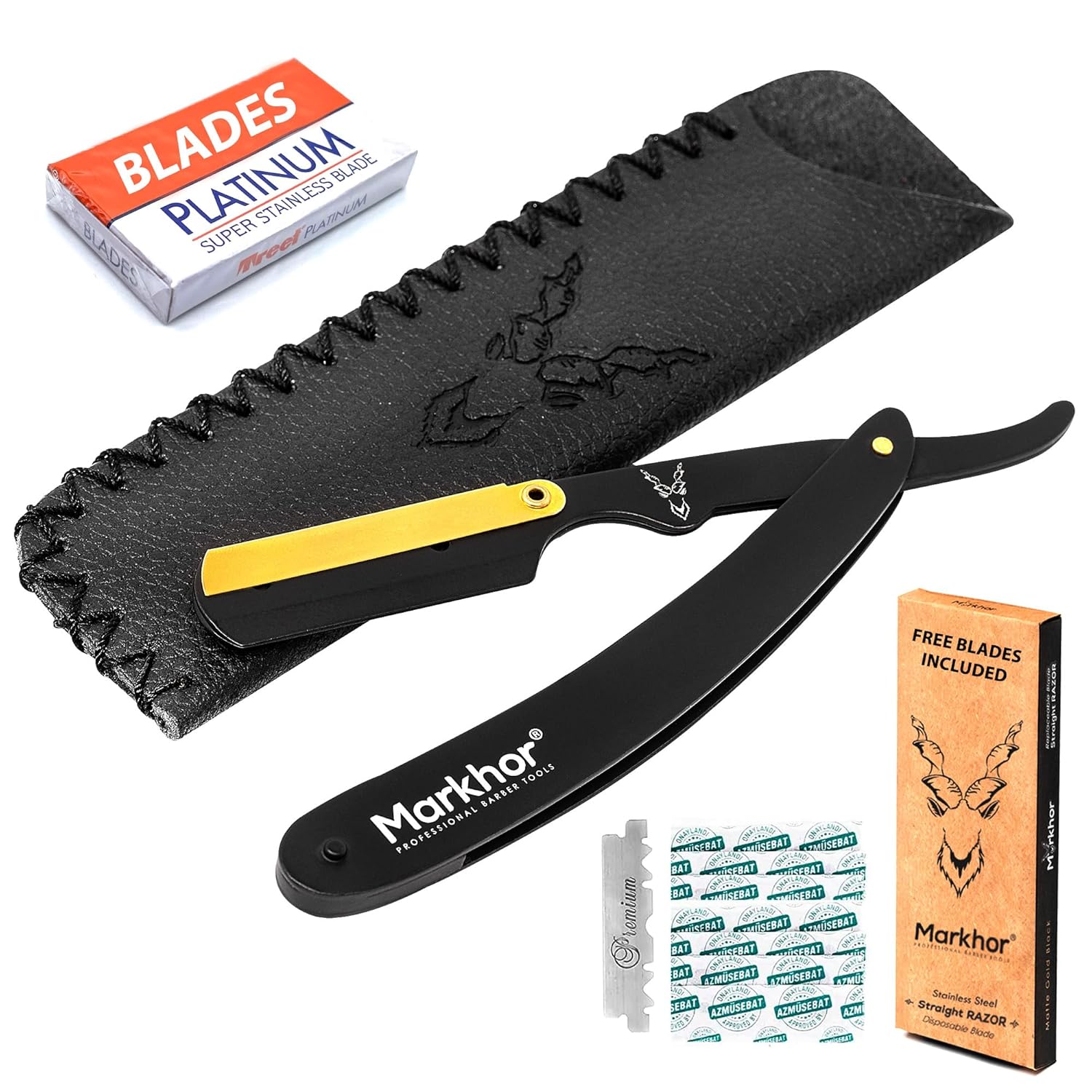 MARKHOR® Straight Razors for Men with Leather Pouch & Replaceable Blades | Premium Quality Matte Black Color Coating & 24K Gold Plated | Barber Razor Blade | Single Blade Razor | Straight Edge Razors
