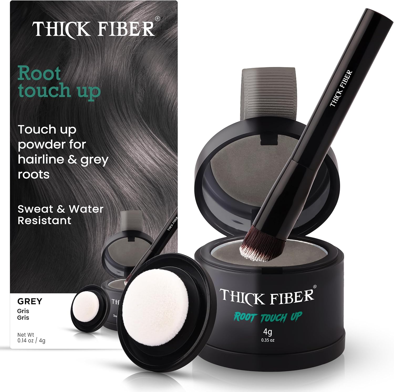 THICK FIBER Root Touch Up & Hairline Powder with Brush 4g – Covers Grey Roots & Thinning Hair – Sweat & Water Resistant – Hair Concealer for Bald Spots & Fill-In (Gray) for Women & Men