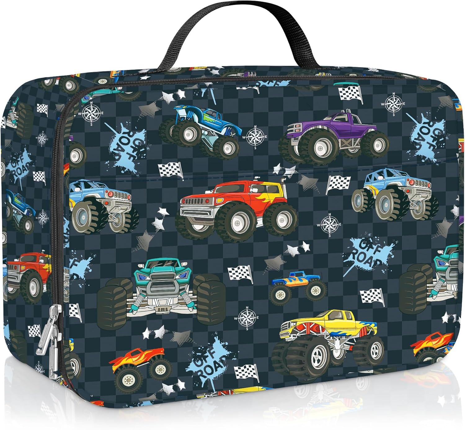 Clastyle Black Race Car Insulated Lunch Bag for Kids Boy, Colourful Trucks Portable Large Thermal Cooler Lunch Box Bag for School