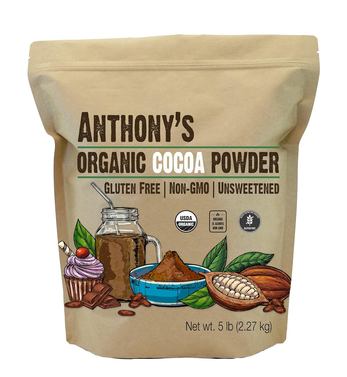 Anthony's Organic Raw Cocoa Powder, 5 lb, Batch Tested and Verified Gluten Free & Non GMO