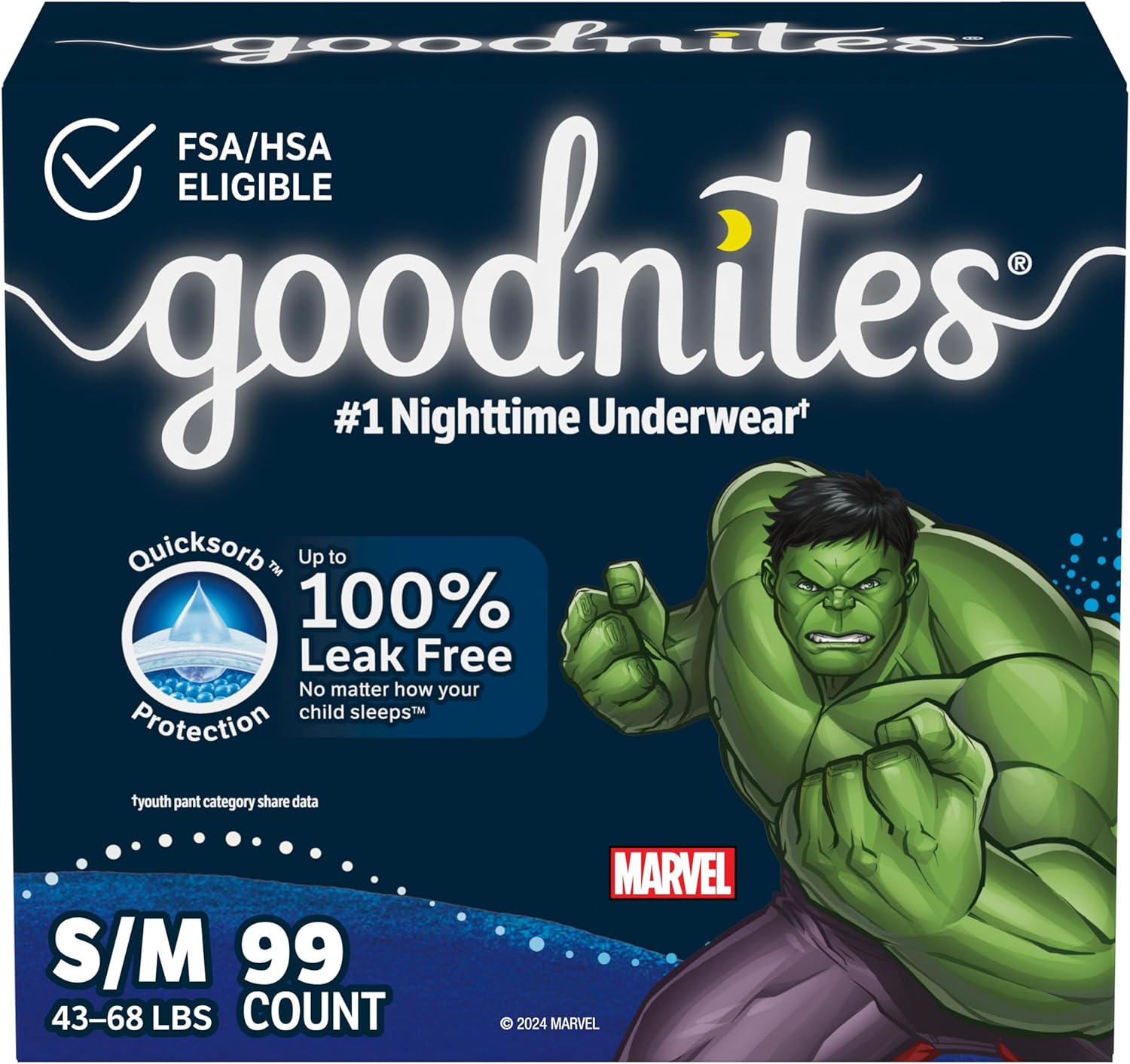 Goodnites Boys' Bedwetting Underwear, Size S/M (43-68 lbs), 99 Ct (3 Packs of 33), Packaging May Vary