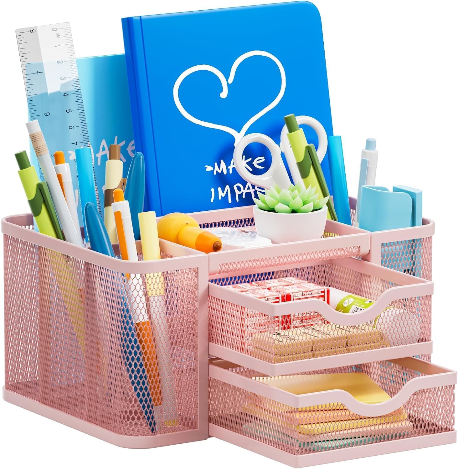 Marbrasse Mesh Desk Organiser, Pen Organiser with 2 Drawer, Multi-Functional Pencil Holder for Accessories with 5 Compartments + Drawer for Home Office Supplies (Pink)