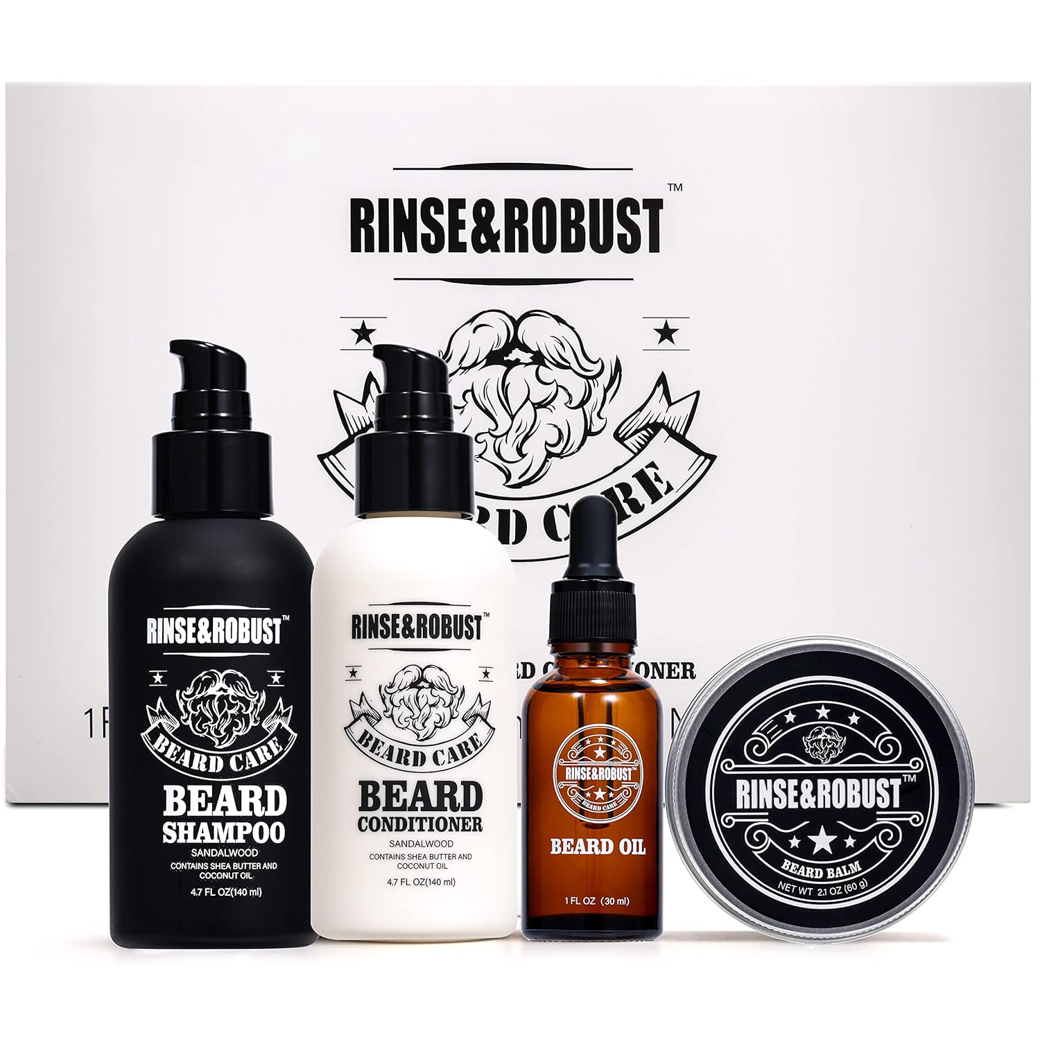Rinse & Robust Beard Wash, Fathers Day Dad Gift, Beard Conditioner, Beard Oil, Beard Balm Gift Set - Sandalwood Fragrance, Natural, Gluten Free Ingredients, 4 Piece Beard Grooming Kit for Men