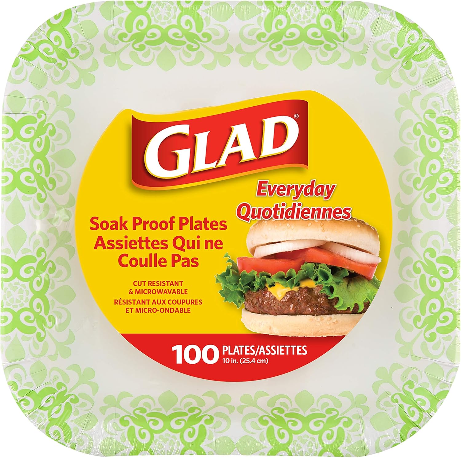 Glad Square Disposable Paper Plates for All Occasions | Soak Proof, Cut Proof, Microwaveable Heavy Duty Disposable Plates | 10" Diameter, 100 Count Bulk Paper Plates Green