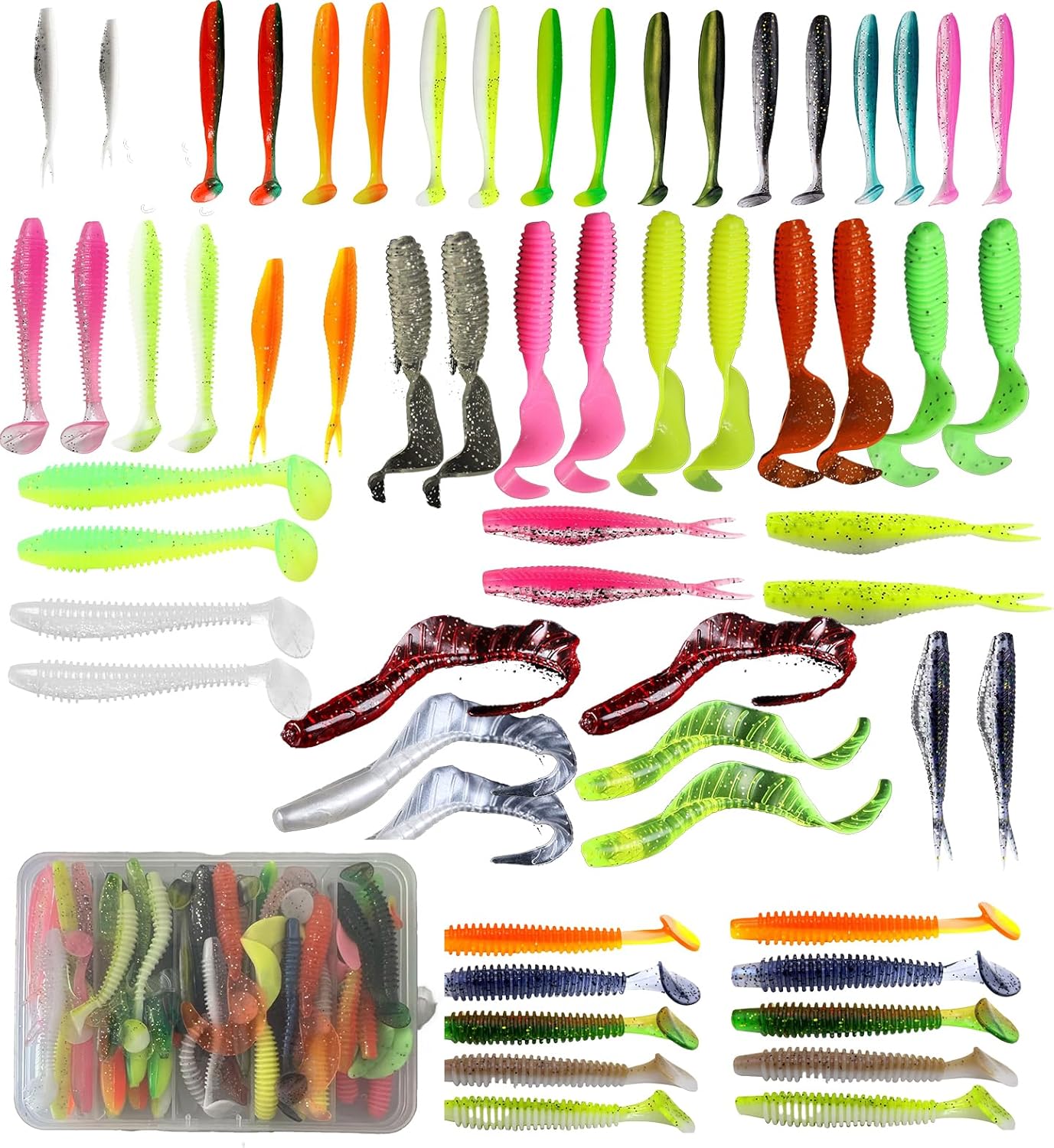 Round Lead Jig Head Hooks with Fishing Box,Ball Jig Heads Swim Bait Jig Heads,Fishing Jigs Ball Heads 60-100pcs Soft Multi-Color Worms and Paddle Tails for Soft Plastic Lures for Trout Bass Walleye