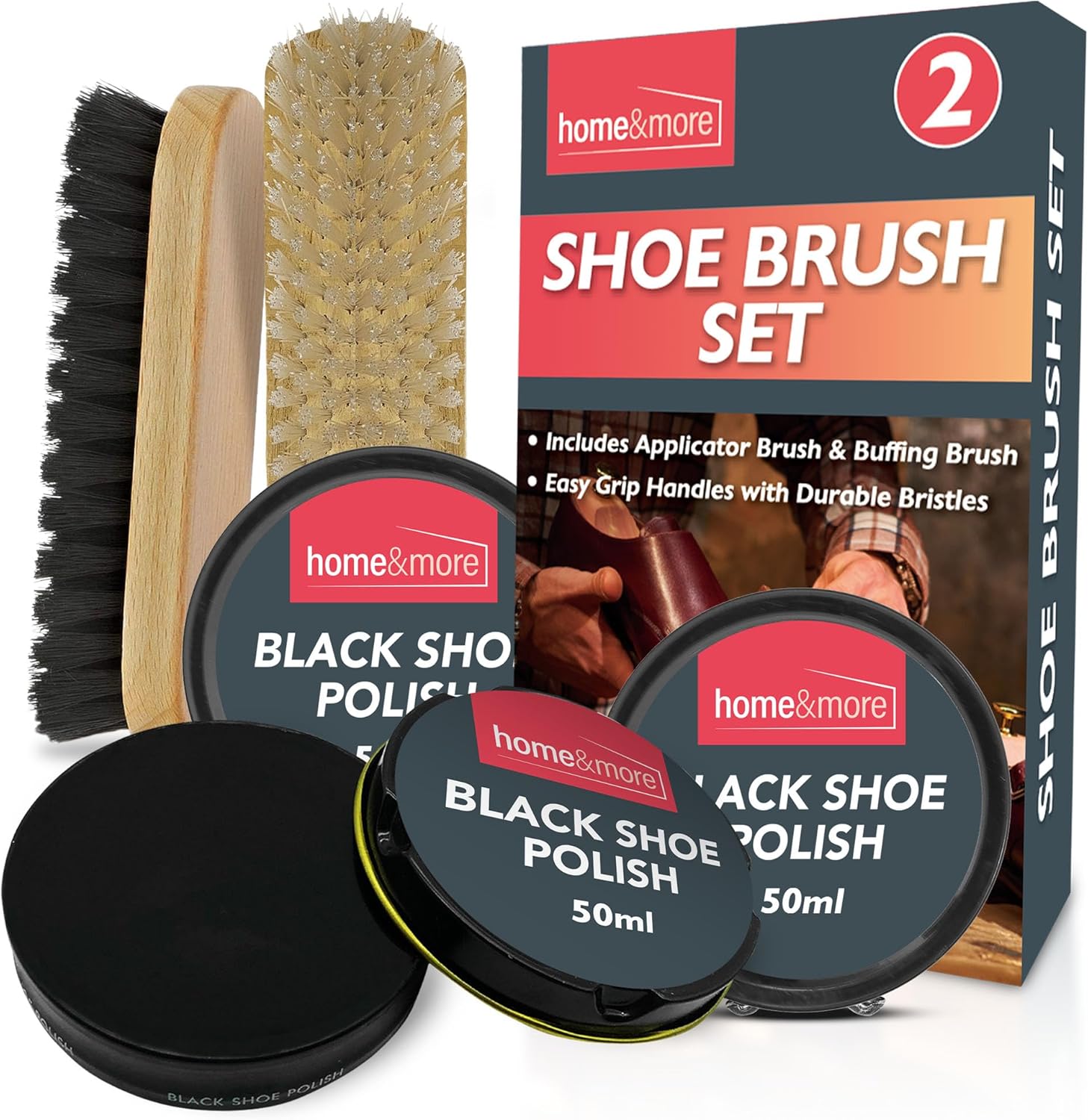 SOL 2pk Shoe Brush Set & 3 Black Shoe Polish – Leather Boot Polish Kit – Includes Soft & Stiff Brushes, 3 Wax Tins for Leather Care, Cleaning, Conditioning, Shine & Scuff Covering