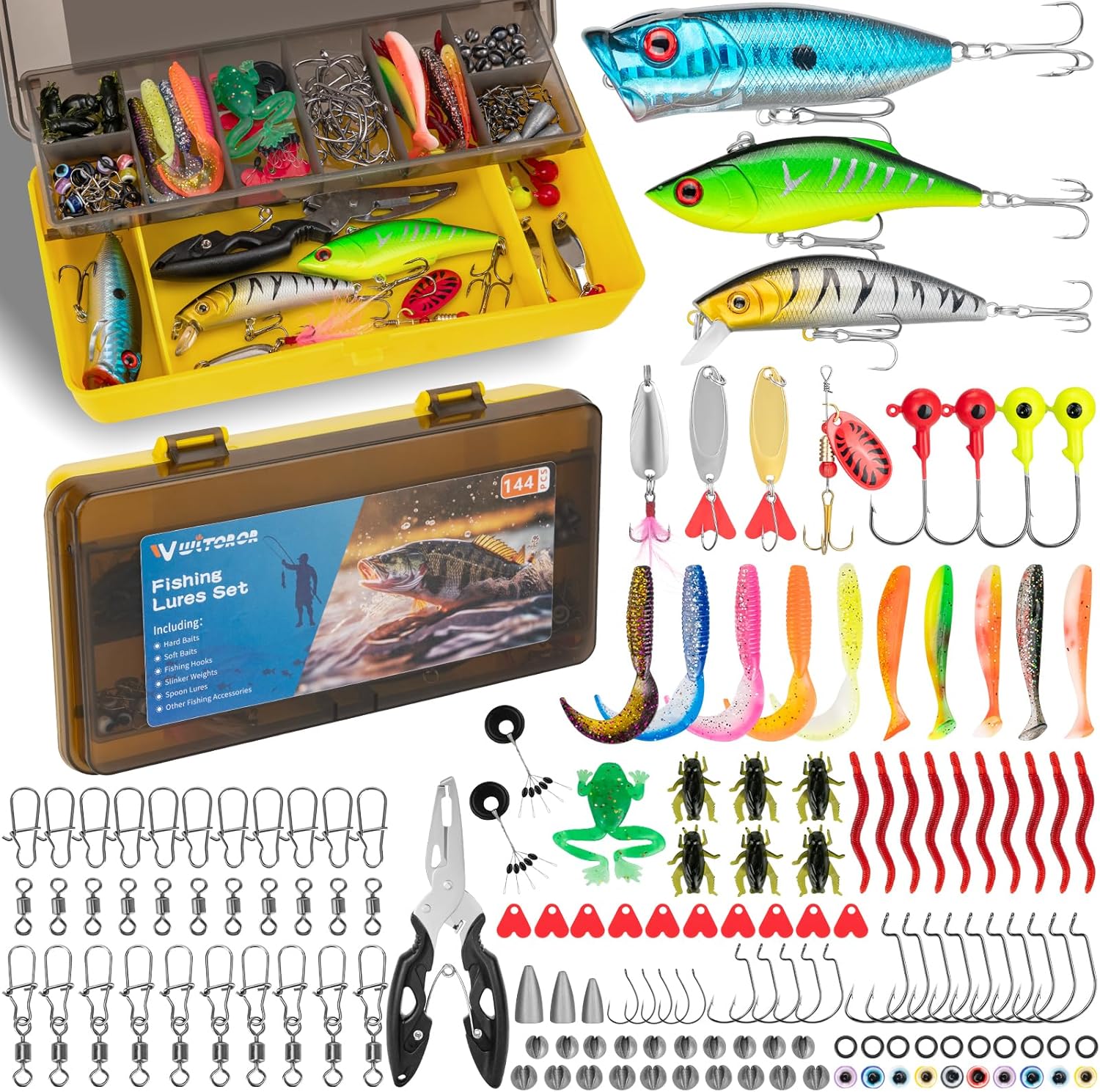 Fishing Lures, 144Pcs Tackle Box Included Crankbaits, Spoon, Hooks, Jigs, Weights and More Other Accessories, Fishing Bait Lure Gear Kit Gifts for Men Bass Freshwater