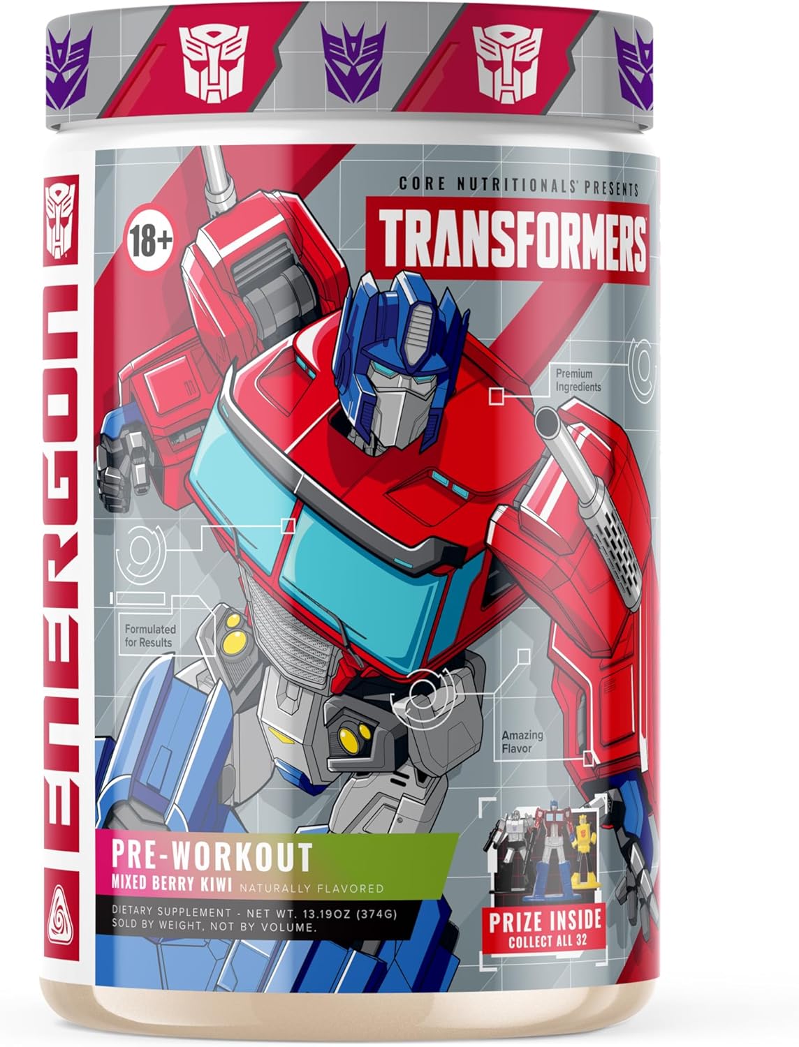 Core Nutritionals | Transformers Energon Pre Workout Nutritional Supplement Formula (Free Prize Inside - Optimus Prime) (20 Servings, Mixed Berry Kiwi)