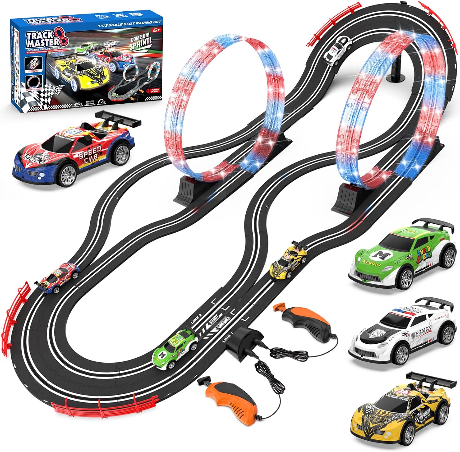 Slot Car Race Track Set with 4 High-Speed Cars, 2 in 1 Electric Track, Dual Racing Game with Controllers, for Kids Ages 8-12.