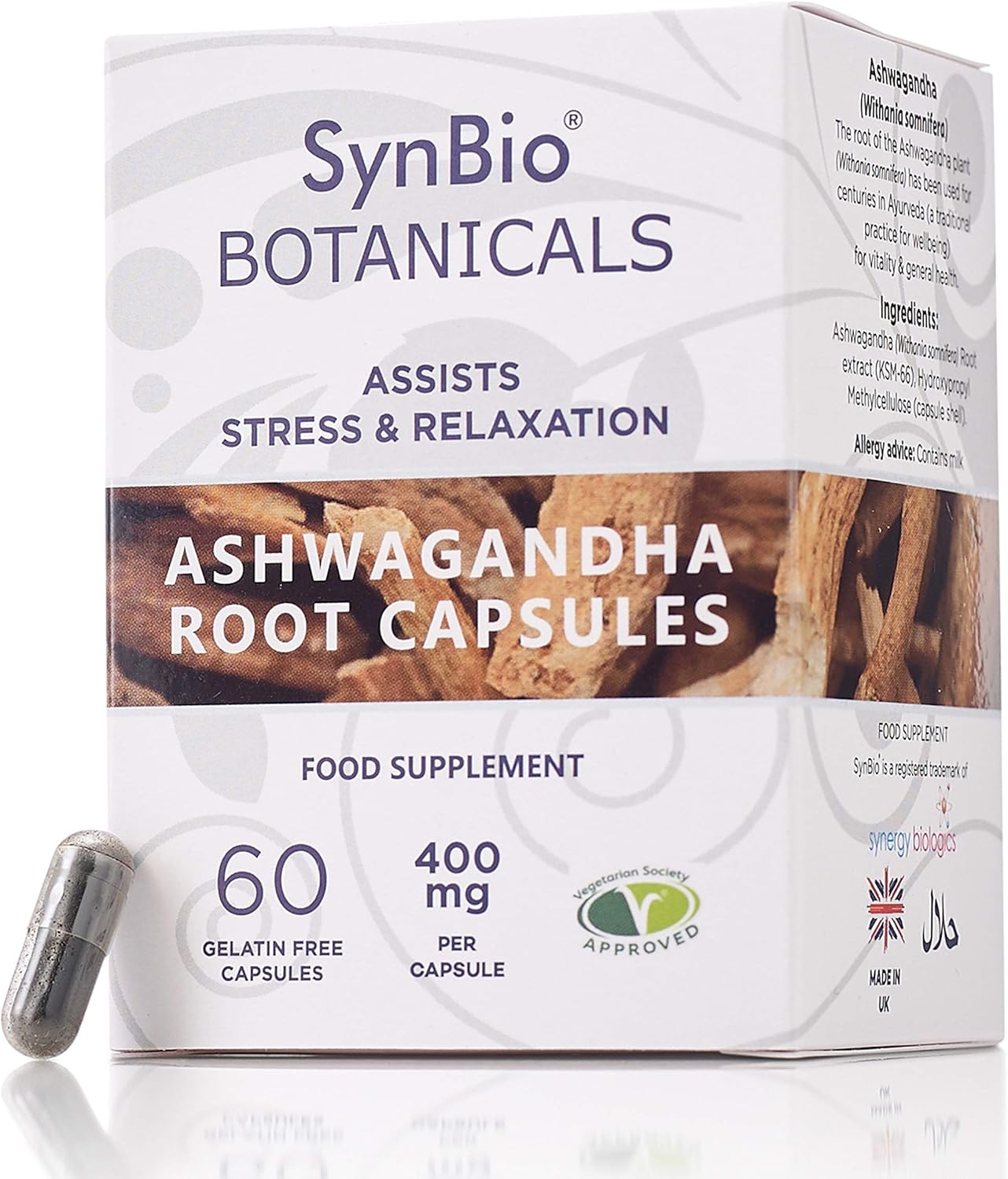 SynBio Botanicals - KSM-66 Ashwagandha (Indian Ginseng) | 60 Capsules | Vegetarian | Made in The UK | Gluten Free | Salt Free | Nut Free | Halal | Supports Stress & Relaxation