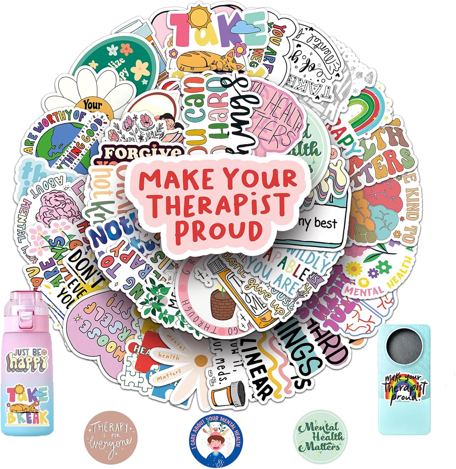 100Pcs Mental Health Stickers Mental Health Matters Awareness Vinyl Laptops Decals Kids Teens Adults Gifts Therapist Water Bottles Bumper Helmet Book Decorative Doctor Reward Stickers