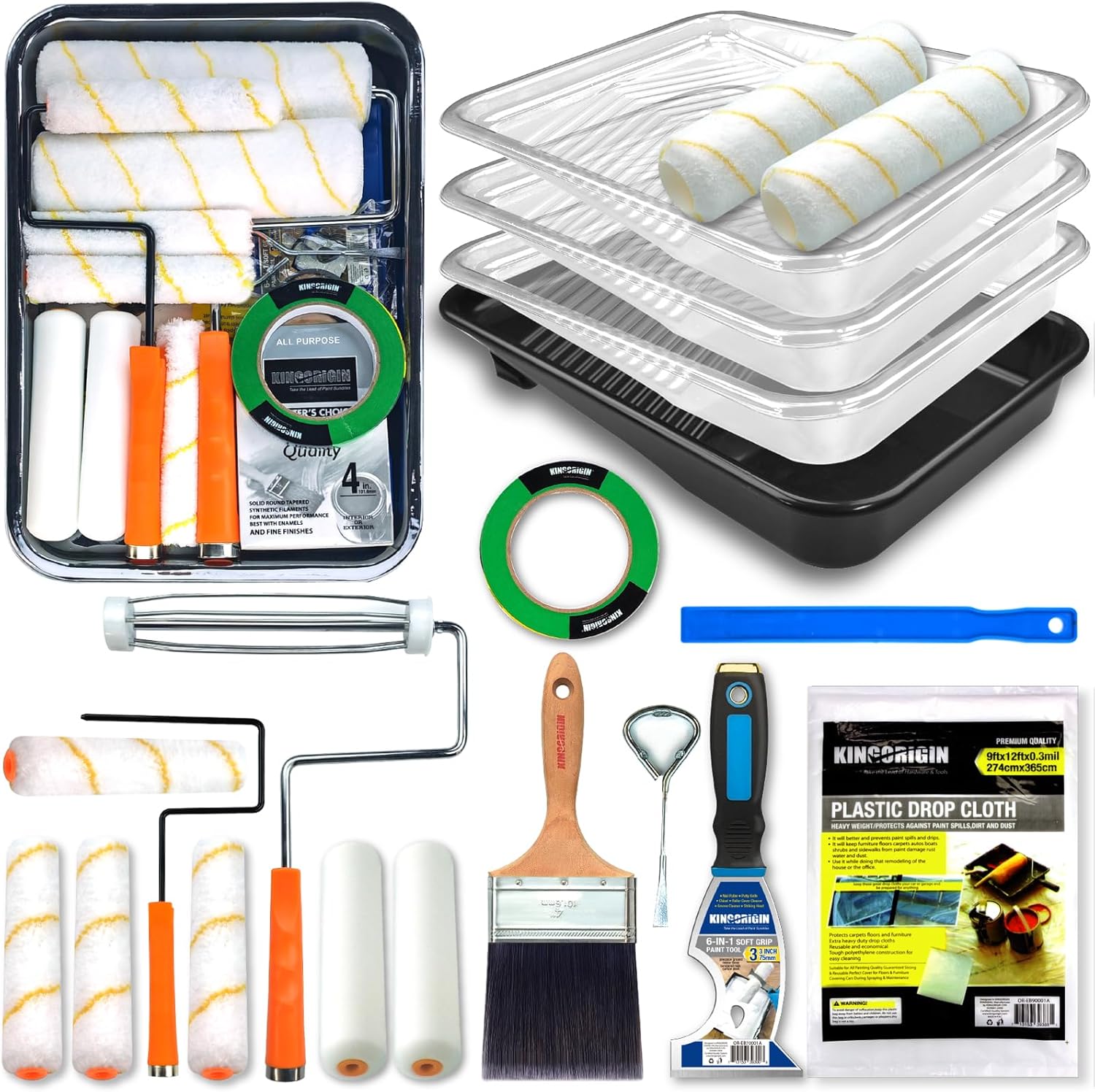 King Origin 20 Piece Paint Roller Kit, 9" & 6" Paint Rollers, Paint Brushes, Paint Trays & Accessories | Professional Painting Supplies for Walls & Ceiling