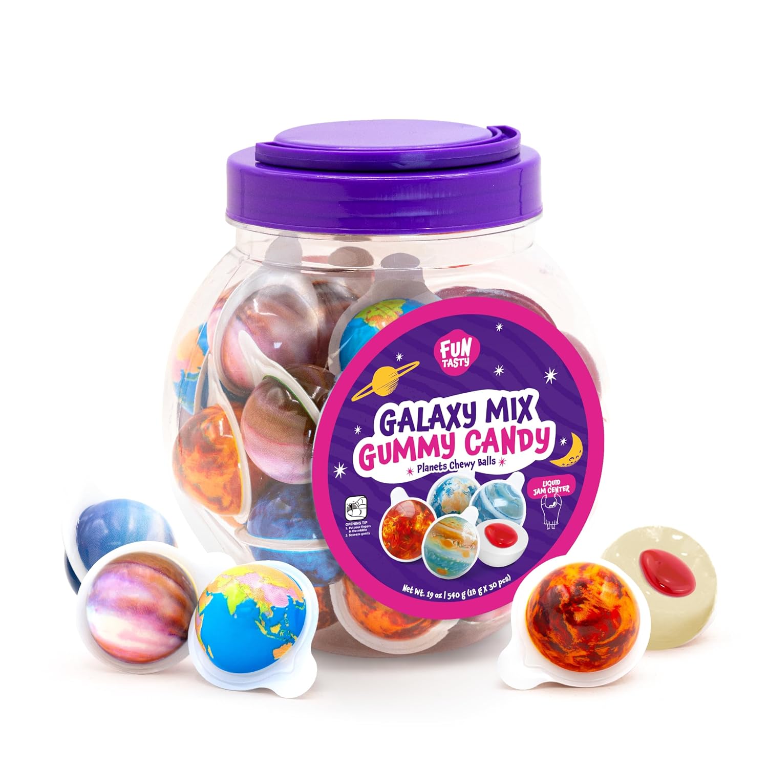 Planet Mix Gummy Balls Candy - 19 Ounce Jar (30 Count) - Strawberry Jam Center - Individually Wrapped Halloween Candy - Planets Gummies by Funtasty