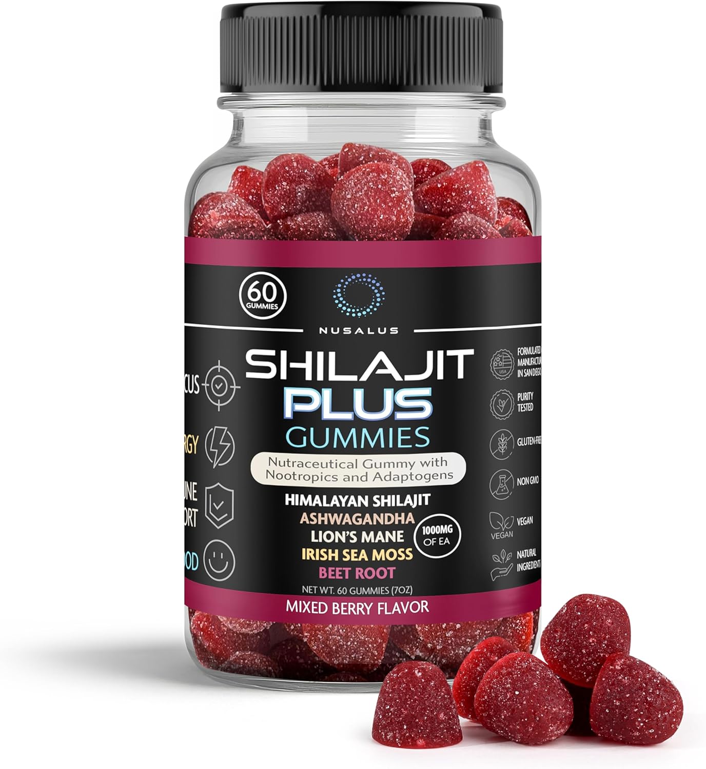 Shilajit Gummies with Ashwagandha, Sea Moss & Lions Mane - Pure Himalayan Shilajit for Men & Women - Beet Root Infused, Natural Energy & Focus - Vegan, Gluten-Free 60 Count, Mixed Berry | USA