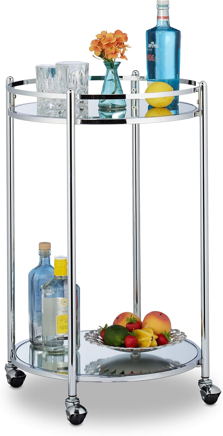 Relaxdays 10031630 Kitchen Trolley Round, Serving Bar, with 2 Shelves, Steel, Mirrored, Tea, with Wheels, Size 75 x 50 cm, Silver