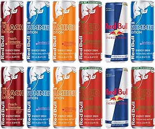 BeeQ - (Pack of 12) Red Bull Energy Drink Variety Pack - 5 Different Flavors : Original, Watermelon, Strawberry Apricot, Juneberry, Peach Nectarine -8.4 oz Cans