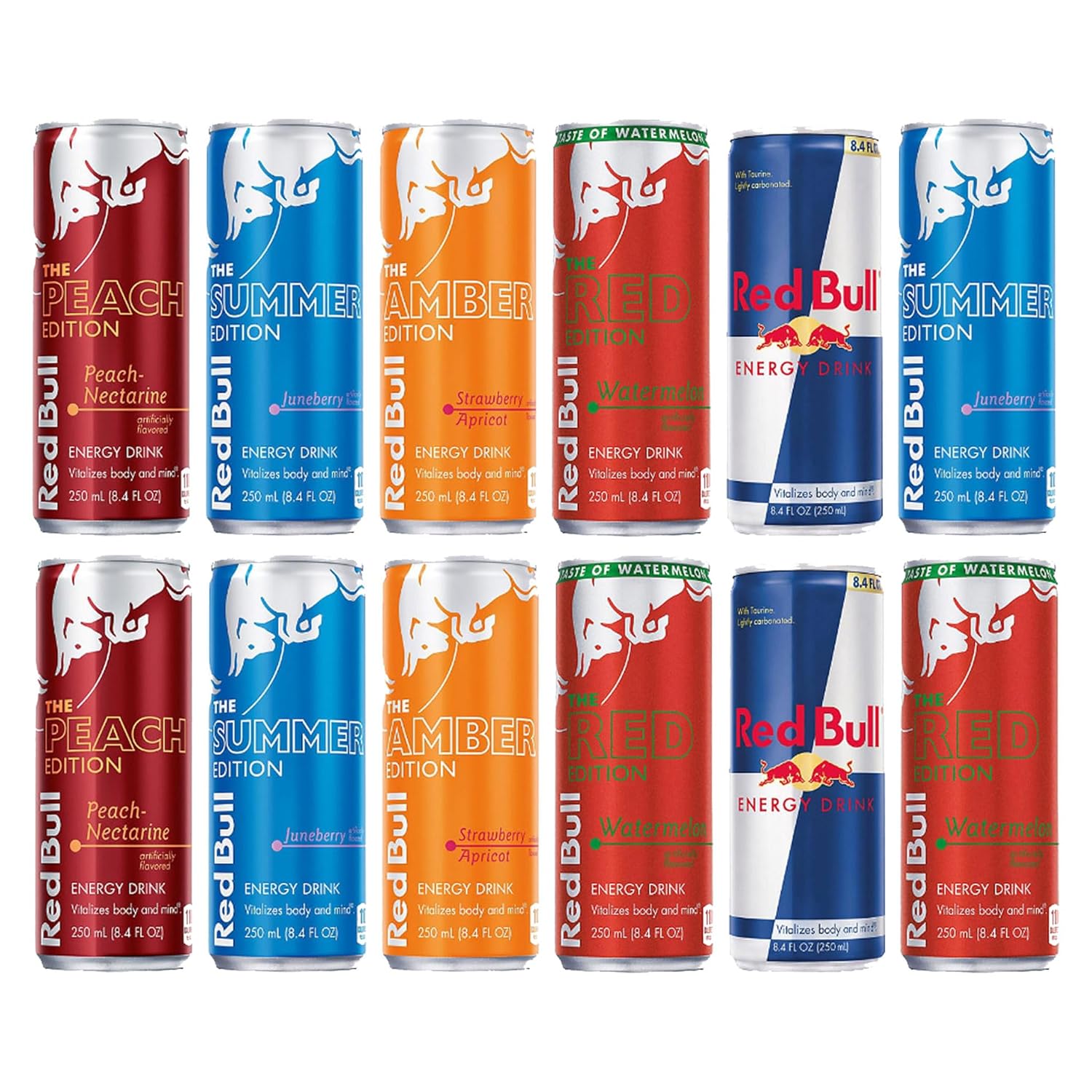 BeeQ - (Pack of 12) Red Bull Energy Drink Variety Pack - 5 Different Flavors : Original, Watermelon, Strawberry Apricot, Juneberry, Peach Nectarine -8.4 oz Cans