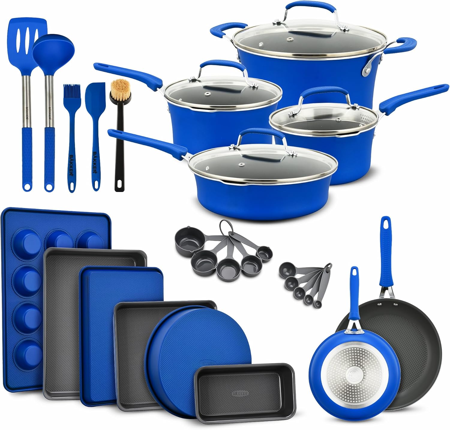 Cookware Set – 23 Piece –Blue Multi-Sized Cooking Pots with Lids, Skillet Fry Pans and Bakeware – Reinforced Pressed Aluminum Metal - Suitable for Gas, Electric, Ceramic and Induction by BAKKEN Swiss
