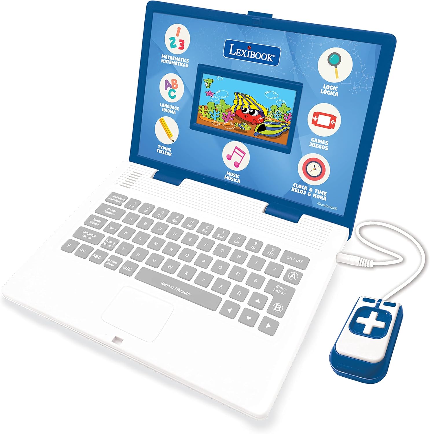 LEXiBOOK - Educational and Bilingual Laptop Spanish/English - Toy for Child Kid (Boys & Girls) 130 Activities, Learn Play Games and Music - Blue - JC798i2