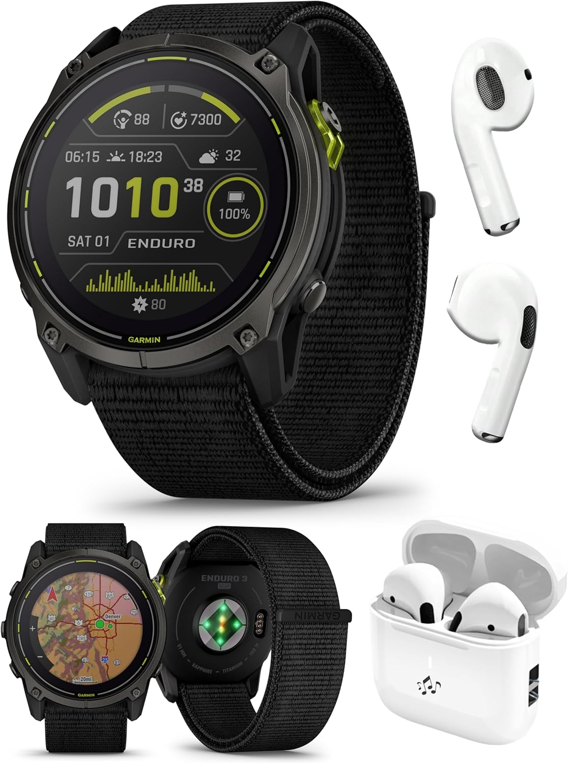 Garmin Enduro 3 Ultraperformance GPS Smartwatch Bundle - Solar Charging, Maps, Built-in LED Flashlight with UltraFit Nylon Band and PlayBetter Wireless Running Earbuds