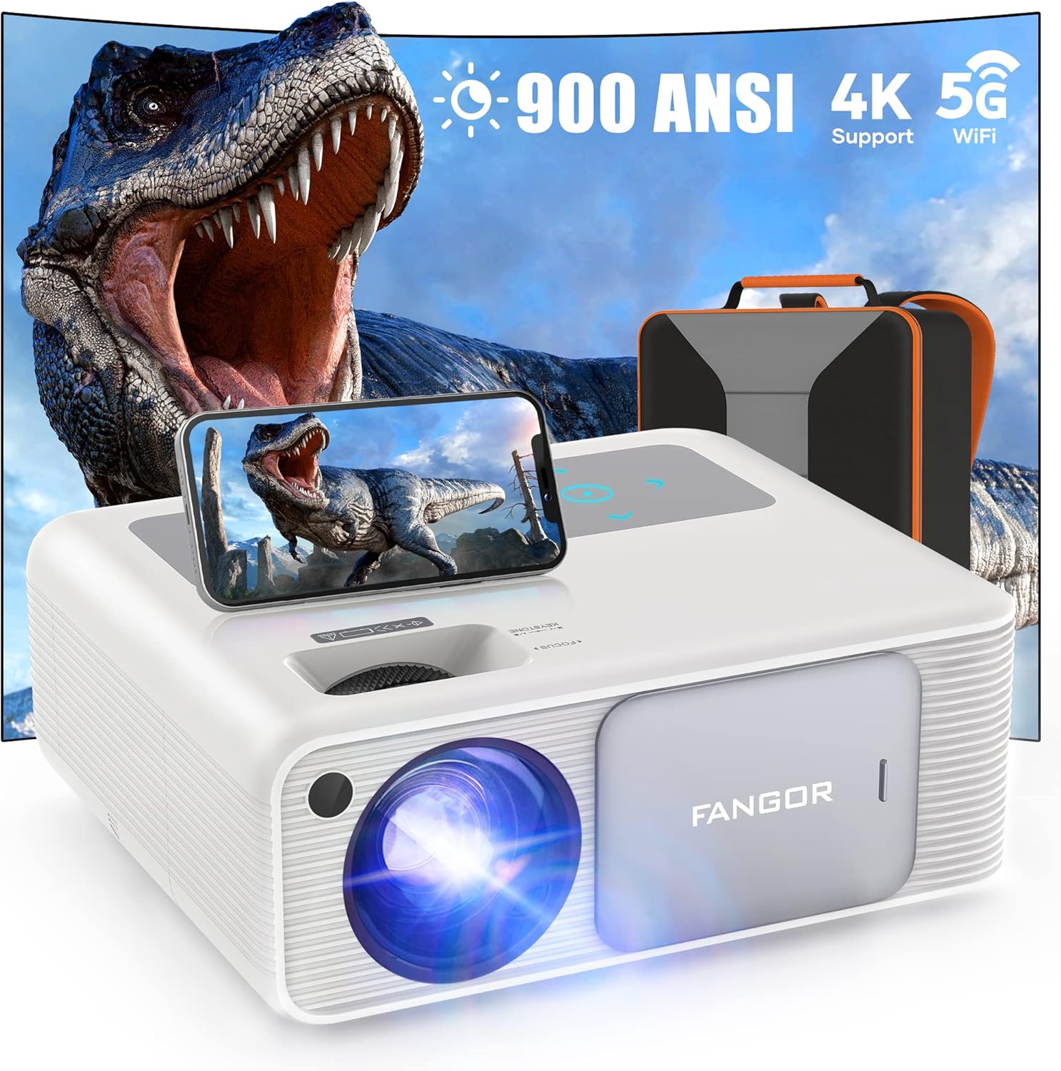 FANGOR 4K Supported Projector with 5G WiFi and Bluetooth - HD 900 ANSI 1080P Native Projector for Outdoor Movies, Home Video Projector with 4P Keystone 50% Zoom Supports TV Stick/Roku/Laptop/Phone