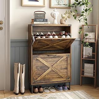 Maupvit 24" W Farmhouse Shoe Cabinet Storage for Entryway, Freestanding Organizer with 2 Flip Drawers, Narrow Shoe Rack Cabinet with Metal Corner Decoration, Rustic Brown
