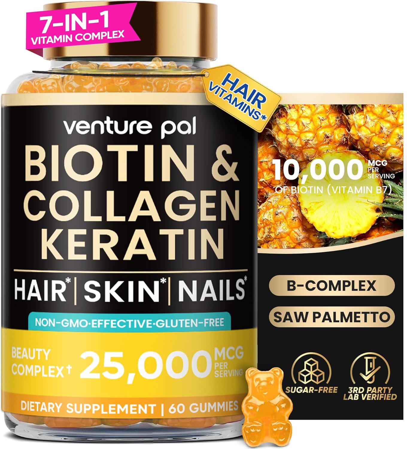 Venture Pal Biotin Gummies with Collagen & Keratin - Hair Growth Support Skin and Nail Strength Vitamins for Women & Men - Biotin 10000mcg | B-Complex | Saw Palmetto - Sugar Free, Non-GMO, 60ct
