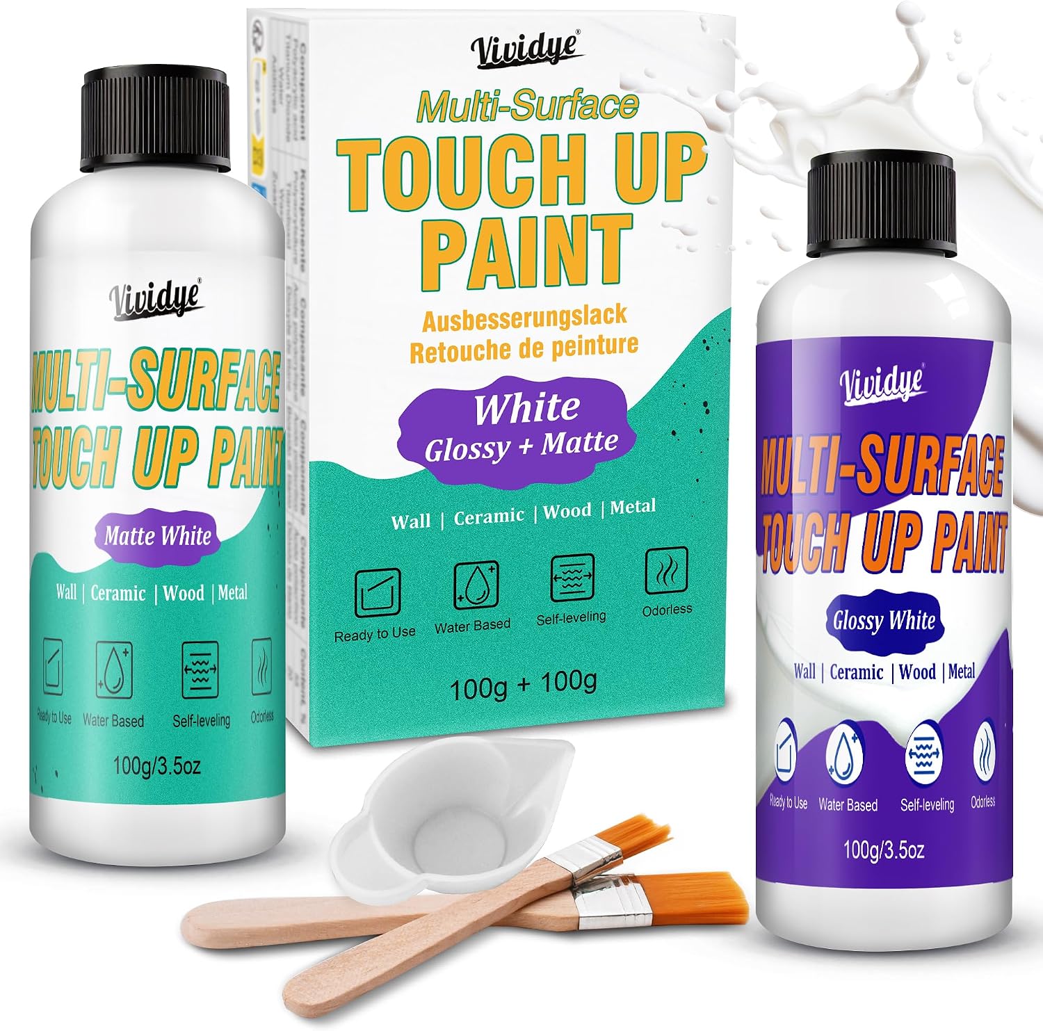 Touch Up Paint Set, 7oz White Gloss & Matte Repair Paint | Water-based white paint repairs walls, furniture, cabinets, sinks, tiles, wood and metal surfaces with low odor application.