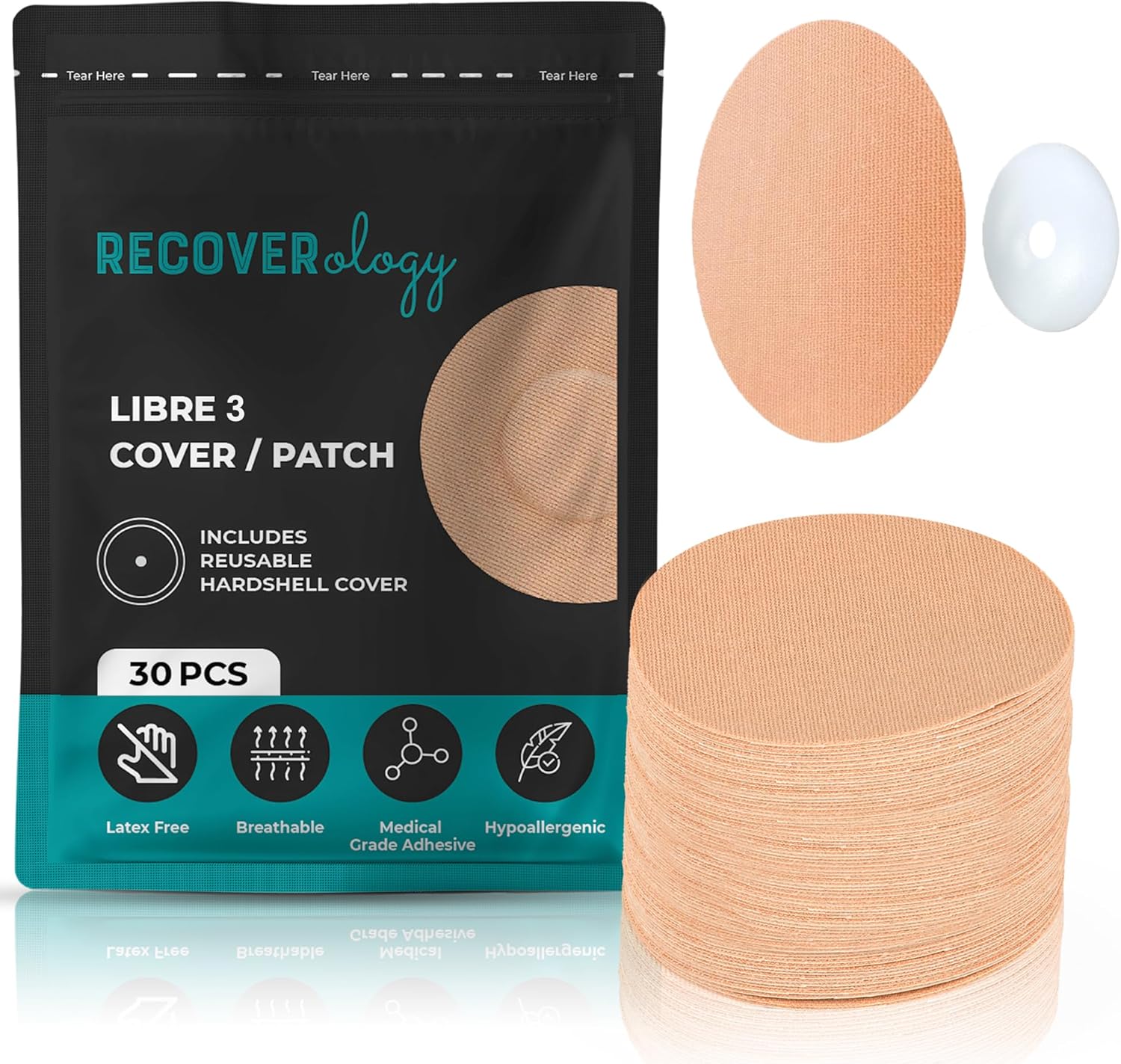 Freestyle Libre 3 Sensor Covers | Waterproof Adhesive Patches for CGM | Pack of 30 with 1 Reusable Hardshell Cover | Breathable & Sweatproof Suitable for Sensitive Skin | Tan Colour | Libra 3 Covers
