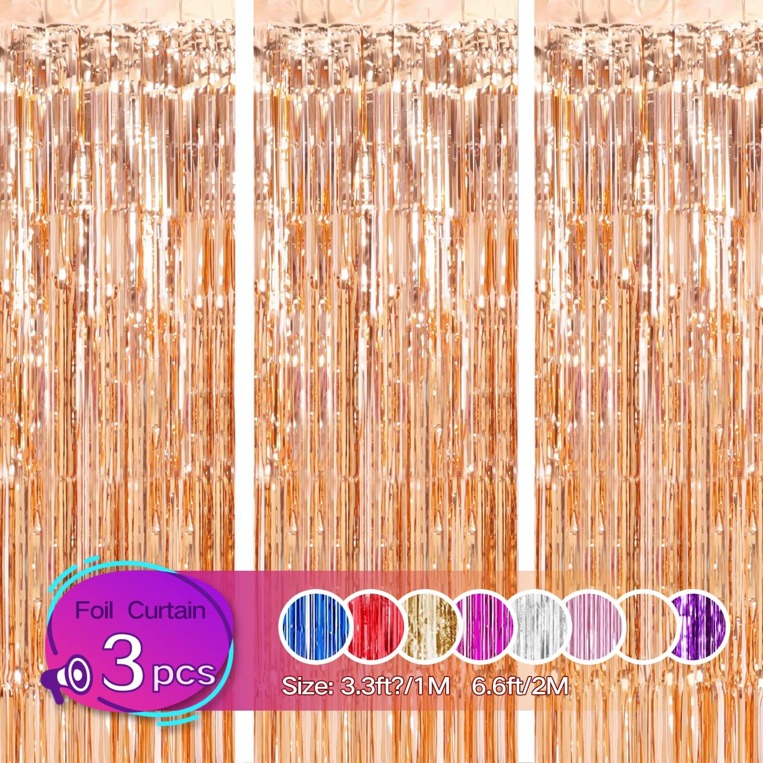 Gulaey Foil Fringe Curtain 1m x 2m, 3 Pack Metallic Tinsel Curtain Birthday Decorations, Foil Curtain for Graduation Wedding Engagement Bridal Shower Bachelorette Holiday Party(Rose Golden)