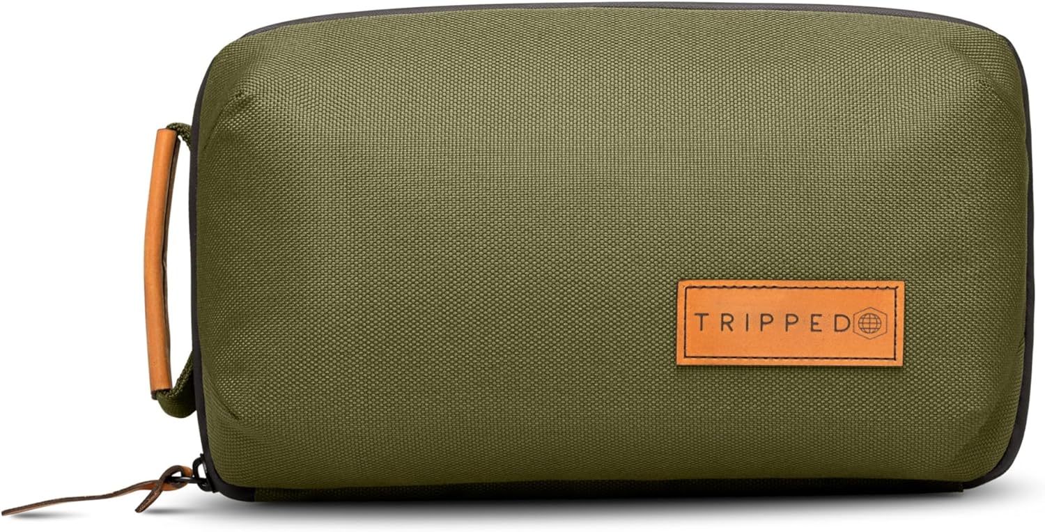 Tech Bag Organizer - Small Electronics Organizer Pouch for Travel - Premium Travel Case with Leather Accents - Mesh Pocket for Cables, Cords and Chargers (Green)