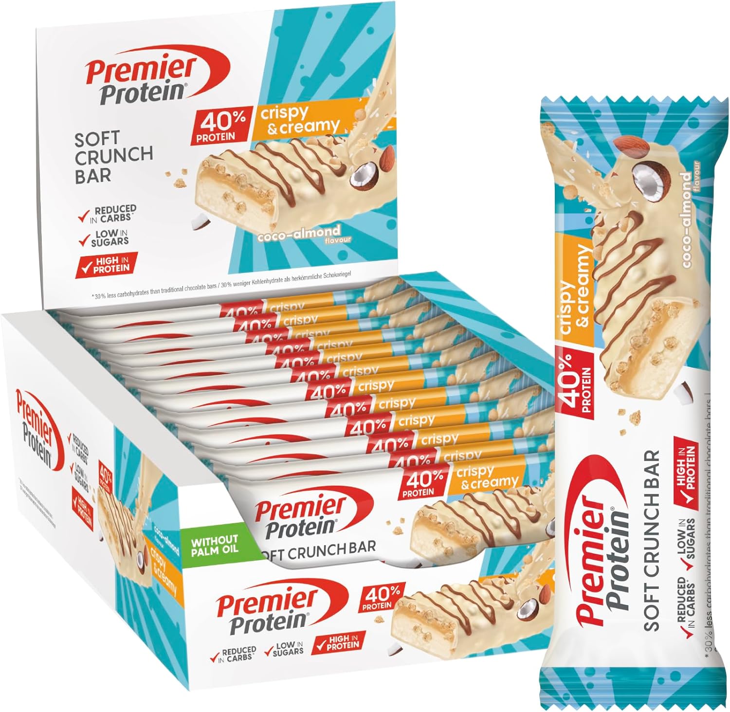 Premier Protein Soft Crunch Bar 40% Protein Coco-Almond 12x40g - High Protein Low Sugar + Low Carbohydrate + Palm Oil Free