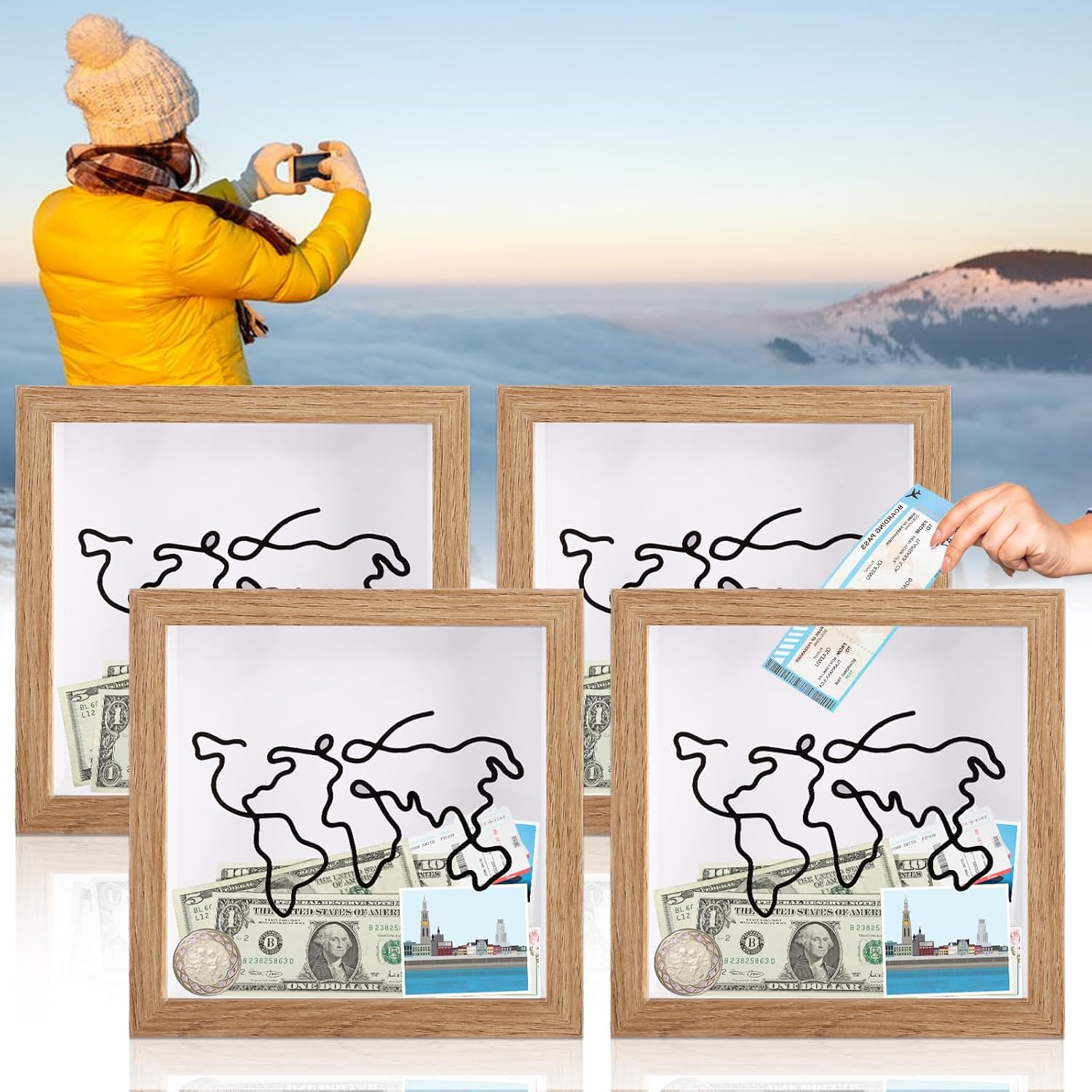 DAJAVE 4 Pack Travel Shadow Box Frame 15x15cm Memory Box Wood Color Shadow Boxes Adventure Boxes Frame with Slot for Movie, Sporting Event Ticket - with World Map